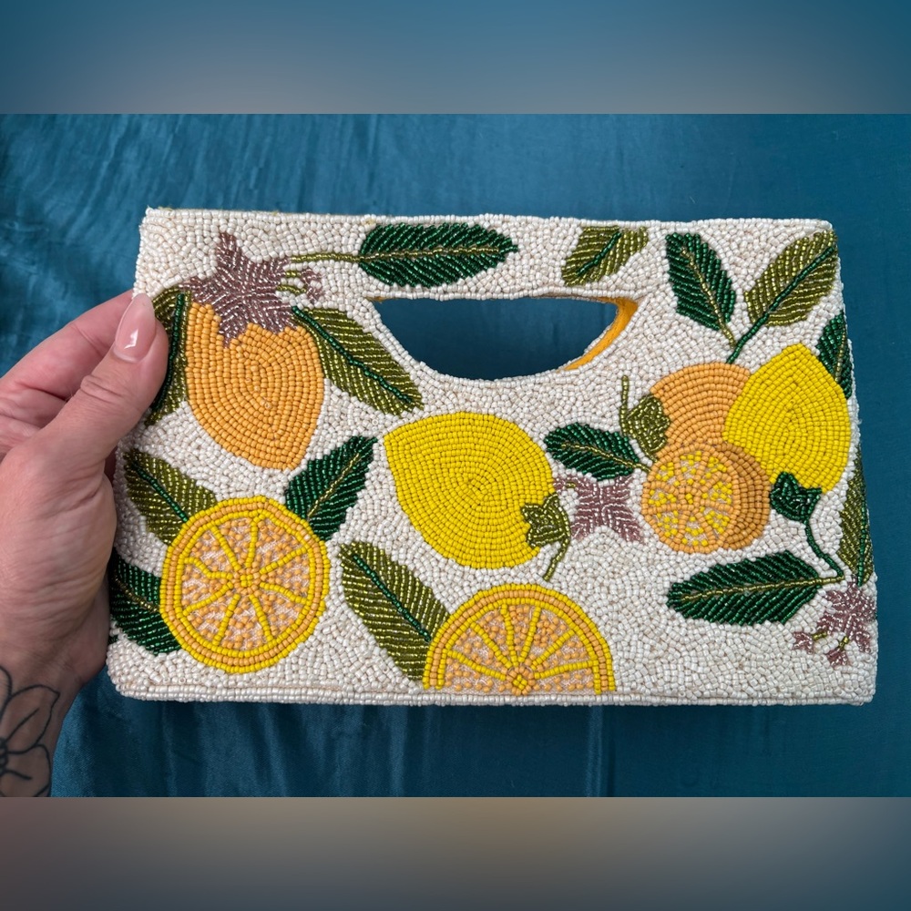 Beaded Lemon Motif Handheld Clutch - Yellow/Green - Picture 8 of 10